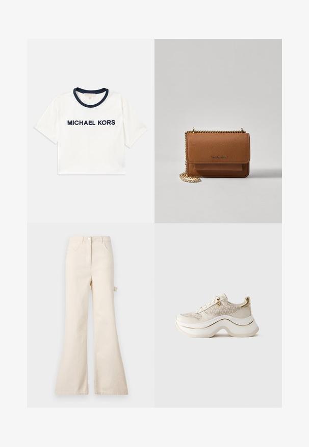 Cropped white t-shirt with navy neckline, featuring "MICHAEL KORS" printed in navy. Made from soft cotton with short sleeves.; Beige flared jeans made of cotton with a high waist, featuring a button closure, five pockets, and a side loop detail.; Beige and gold platform sneaker with "MK" pattern, lace-up front, gold charm, and thick wavy sole against plain background.; Brown textured leather crossbody bag with gold chain strap and flap closure. Front features logo detail and a pocket under the flap.