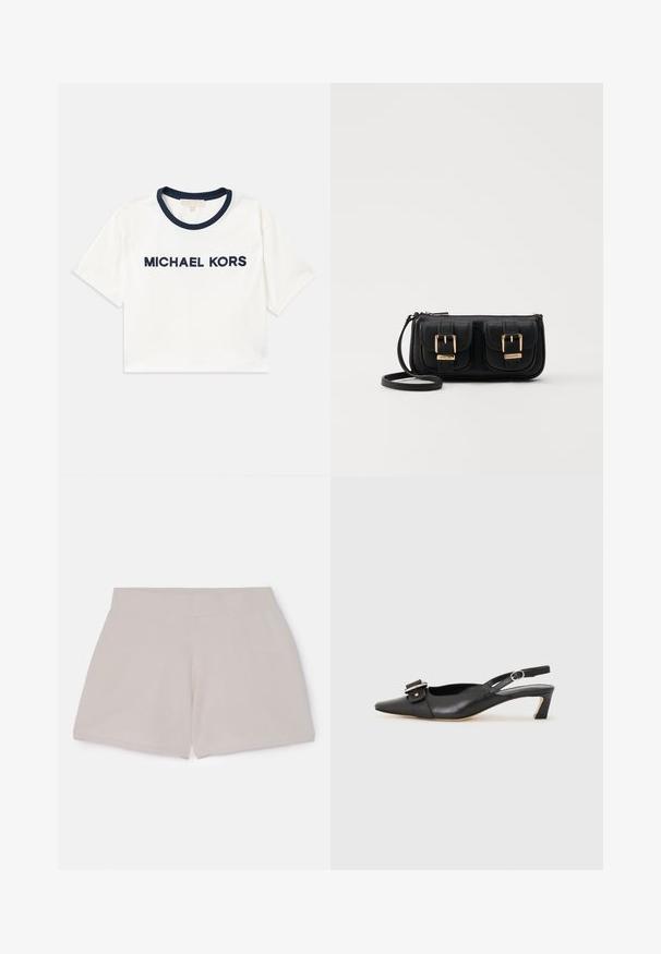 Gekürztes weißes T-Shirt mit navyfarbenem Ausschnitt, mit "MICHAEL KORS" in Navy bedruckt. Hergestellt aus weicher Baumwolle mit kurzen Ärmeln.; Beige Baumwollshorts mit elastischem Bund und strukturierter Oberfläche, gerader Schnitt und ohne sichtbare Taschen oder Verzierungen.; Schwarzer Leder Slingback-Schuh mit spitzer Zehenform, kleinem Absatz und dekorativem Schnallen-Detail auf dem Obermaterial. Glatte Textur, minimalistisches Design.; Schwarze Leder-Umhängetasche mit zwei vorderen Taschen, goldenen Schnallen, Reißverschluss und einem schmalen Tragegurt. Texturierte Oberfläche und kompakte rechteckige Form.