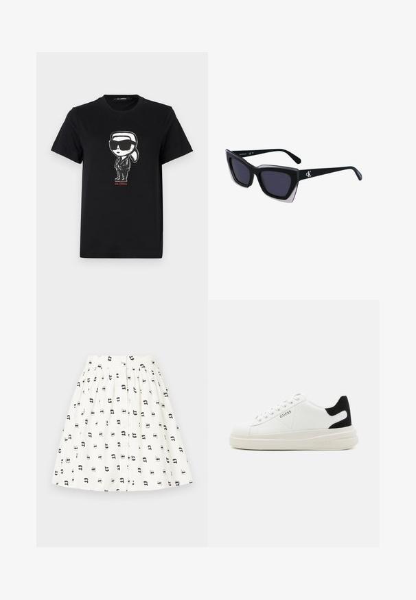Camiseta de algodón negra con un gráfico de una figura en gafas de sol y traje. Diseño simple de cuello redondo con mangas cortas. Texto rojo abajo.; Falda de tela blanca con un patrón de pequeñas caras de dibujos animados negras con varios accesorios. Tiene un cierre frontal de botones y una cintura fruncida.; Zapatillas blancas de cuero con una suela blanca gruesa, acento en el talón de ante negro y logo grabado en el lateral. Diseño de cordones con seis ojales.; Gafas de sol negras de gran tamaño con una forma geométrica, que presentan lentes oscuros y un detalle gris contrastante en la montura. Logo en la pata.