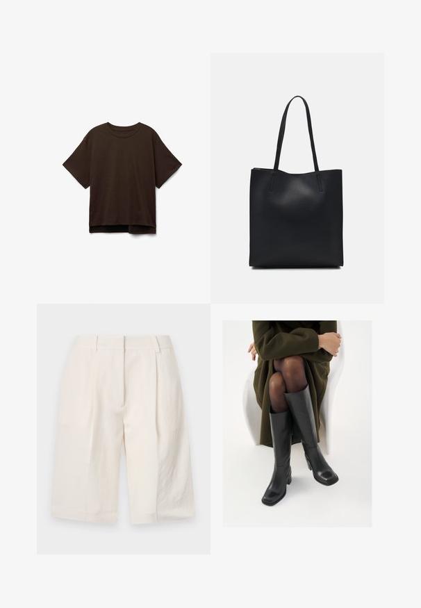 T-shirt marron à manches courtes en coton doux. Col rond, coupe décontractée et un ourlet arrière légèrement plus long. Texture lisse, sans motifs.; Shorts en lin blancs avec un design ajusté, avant plissé et ouvertures larges. Texture lisse et longueur jusqu'au milieu de la cuisse.; Bottes en cuir noires arrivant au genou, avec un bout carré et un talon carré, présentées sur un modèle assis dans un manteau vert olive. Texture lisse, détails minimaux.; Sac fourre-tout en cuir noir avec une texture lisse, de forme rectangulaire et deux longues poignées. Pas de matériel ou d'ornementations visibles.