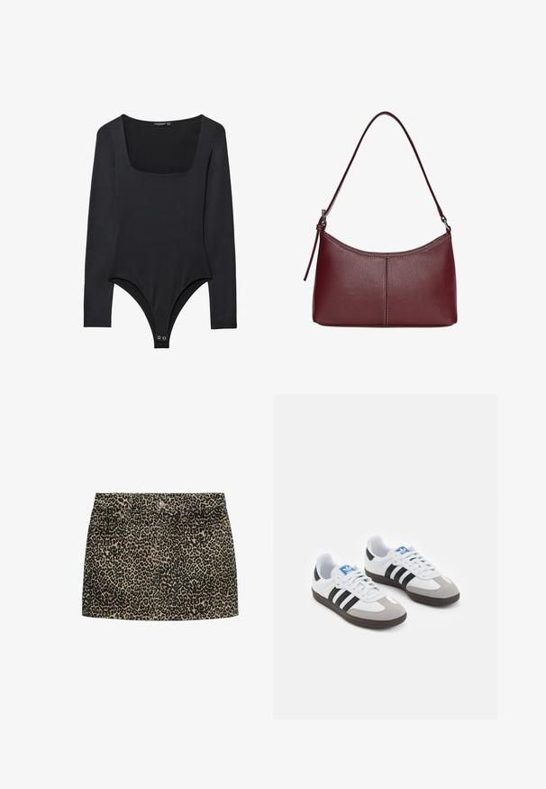 Černý body s dlouhými rukávy a čtvercovým výstřihem, s patentkami v rozkroku, položený na bílém pozadí.; Džínová minisukně s leopardím potiskem, úzkým pasem, předním zapínáním na knoflíky a dvěma bočními kapsami, v béžovo-černé barevné kombinaci.; Sportovní boty s bílým koženým svrškem, šedou semišovou špičkou a třemi černými pruhy. Obsahují modré logo na jazyku a texturovanou gumovou podrážku.; Vínová kožená kabelka s zakřiveným tvarem, jediným ramenním popruhem a prošíváním ve středu. Hladký povrch, minimální kovové prvky.