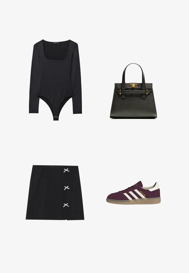 Čierny body s dlhým rukávom a štvorcovým výstrihom, so zapínaním na cvočky v oblasti rozkroku, rozložený na bielom pozadí.; Čierna mini sukňa s hladkou textúrou, na ľavej strane so bielymi krížovými stužkami. Jednoduchý dizajn s rovný strihom.; Bordový semišový tenisk s bielymi tromi pruhmi a béžovými akcentmi. Má textúrovanú gumovú podrážku a zlaté logo na boku.; Čierna textúrovaná taška s krátkymi uchami, s kovovým zapínaním a akcentmi v zlatej farbe. Dizajn je štruktúrovaný, s geometrickým siluetou.