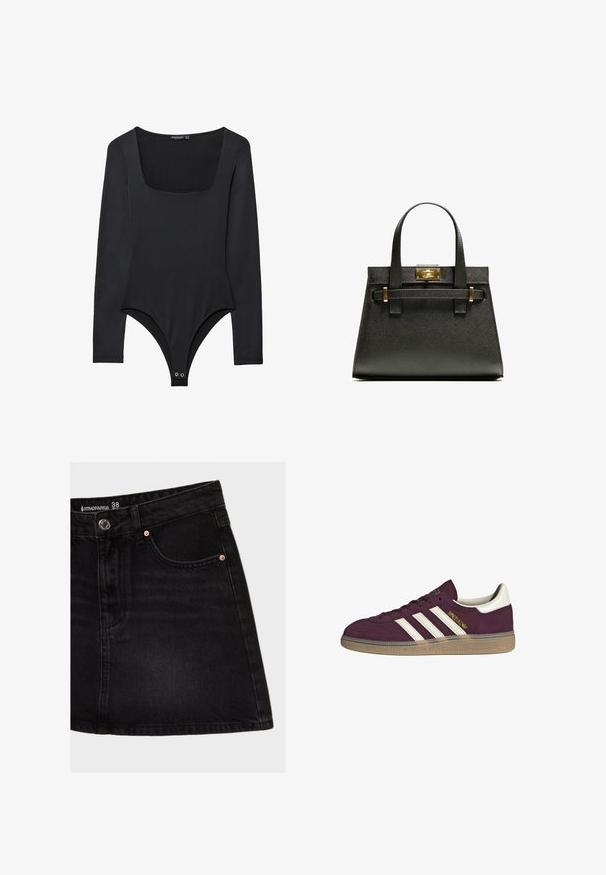 Body nero a maniche lunghe con scollo quadrato e chiusure a pressione all'inguine, disteso su uno sfondo bianco.; Gonna in denim nera con vita alta, dotata di una tasca frontale, rivetti di rame e un taglio dritto. Il tessuto ha una consistenza liscia.; Sneaker in camoscio bordeaux con tre strisce bianche e accenti beige. Presenta una suola in gomma testurizzata e un marchio dorato sul lato.; Borsa a tracolla nera con manici corti, dotata di una chiusura e dettagli in oro. Il design è strutturato, con una silhouette geometrica.