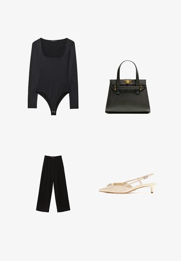 Body nero a maniche lunghe con scollo quadrato e chiusure a pressione all'inguine, disteso su uno sfondo bianco.; Pantaloni neri a gamba larga con vita alta, dotati di una cintura in vita e pieghe per aggiungere texture. Realizzati in un tessuto morbido e leggero.; Scarpa slingback beige con punta affusolata e tacco basso, caratterizzata da una finitura lucida in vernice e due cinturini regolabili sulla parte superiore del piede.; Borsa a tracolla nera con manici corti, dotata di una chiusura e dettagli in oro. Il design è strutturato, con una silhouette geometrica.