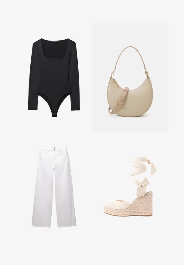 Body noir à manches longues avec décolleté carré et fermetures à pression à l'entrejambe, posé à plat sur un fond blanc.; Jean large blanc en denim. Comprend une fermeture à bouton, des poches avant et arrière, et des coutures. Texture lisse avec un minimum de détails.; Sandale à talon compensé avec une tige en textile tissé beige, bride de cheville en tissu et talon en jute tressé. Présente un design à talon fermé et à bout ouvert.; Sac à main en cuir beige en forme de croissant, doté d'une bandoulière amovible, d'accents en métal doré et du logo "Valentino" embossé.