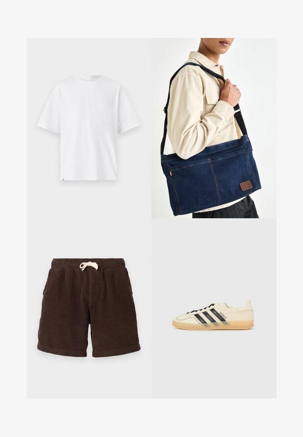 T-shirt de algodão branco, mangas curtas, decote redondo, corte folgado, textura suave, sem padrões ou acentos visíveis, design básico.; Bermudas de courduroy castanhas com uma cintura elástica, fecho por cordão e bolsos laterais. O tecido apresenta riscas verticais e um acabamento texturizado.; Sapatilhas de creme claro com design de três riscas pretas, parte superior texturizada, bico redondo e sola de borracha. Apresenta atacadores e uma marca na lateral.; Saco de ombro em denim azul-marinho com costura bege, alça ajustável e um pedaço de couro. Apresenta um bolso frontal e uma construção robusta.
