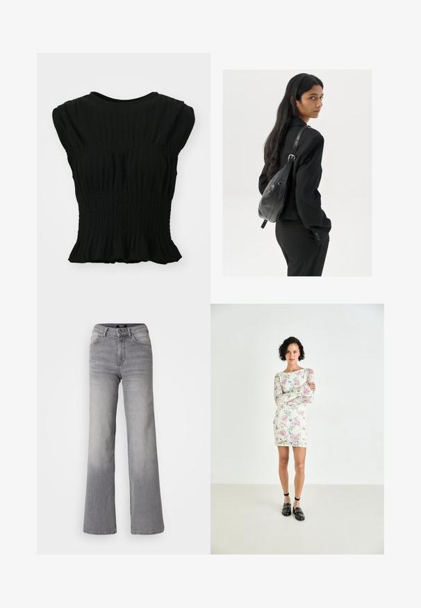 Sort kortærmet top lavet af tekstureret stof med sammensyning ved taljen og en flæset nederkant. Rundet udskæring.; Højtaljede grå denim jeans med lige ben, med frontknap og lynlås, foran og bagpå lommer, samt nedtoning på lår og lægge.; Blomsterpatter mini kjole med lange ærmer, der har pink og blå mønstre på en cremefarvet baggrund. Sorte loafers med nitter og ankelremme.; Kvinde med langt, mørkt hår iført en sort dragt, bærende en sort læder skuldertaske, som ser over sin skulder mod en hvid baggrund.