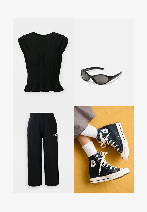 Black short-sleeve top made from textured fabric with gathered smocking at the waist and a ruffled hemline. Rounded neckline.; Black sweatpants made of soft cotton, featuring an elastic waistband and a cropped fit. Small white embroidered text on the side.; Black high-top canvas sneakers with white laces and rubber soles, featuring a round Converse All Star logo on the outer side.; Black sunglasses with an oval shape and dark lenses. Sleek plastic frame with textured accents on the arms. Branding on the side.