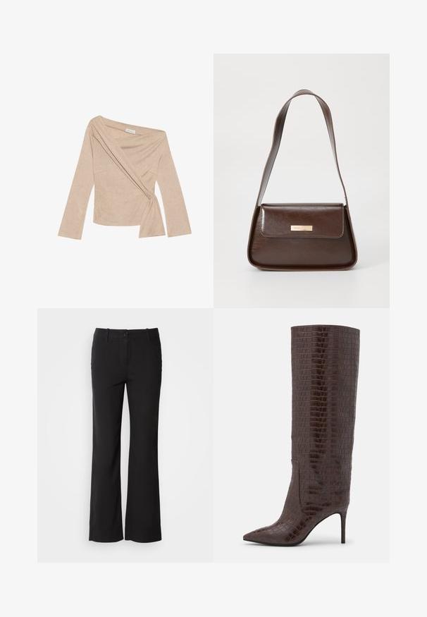 Béžový dlouhý rukáv top s zavinovacím designem a uvázáním v pase. Vyrobeno z žebrované tkaniny, má hluboký výstřih a strukturovaná ramena.; Černé kalhoty z bavlněné směsi se střihem rovného nohavice, se zapínáním na knoflík vpředu a dvěma bočními kapsami. Hladká textura, žádné viditelné vzory.; Jeffrey Campbell ARSEN - Vysoká obuv - brown; Hnědá kožená taška přes rameno se strukturovaným tvarem, vybavená magnetickou klopou a metalickým logem na přední straně.