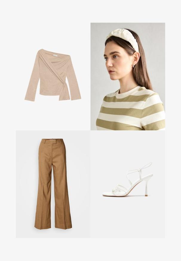 Beige lange mouw top met een wikkeldesign en strik in de taille. Gemaakt van ribstof, met een diepe halslijn en gestructureerde schouders.; Bruine wijde broek van lichtgewicht stof. Heeft een platte voorkant, riemlussen en een getailleerde pasvorm met een enkel-lange snit.; Witte strappy hoge hak sandaal met een platte tenenbasis, gestructureerde voorkant met geplooide accenten, en een slanke enkelband.; Crème geklede hoofdband met gedraaide ontwerp, gecombineerd met een beige en witte gestreepte shirt met een ronde hals. Subtiele sieradenaccenten.