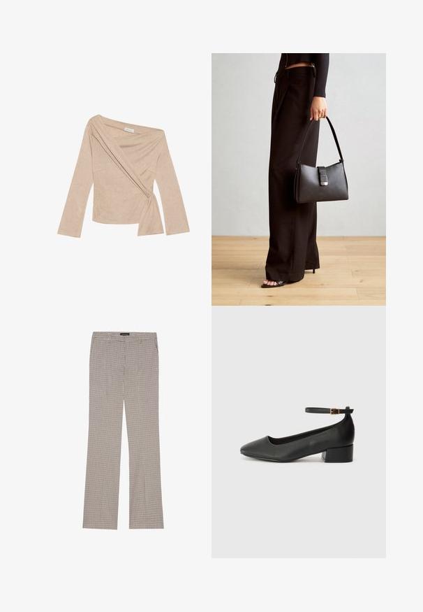 Top beige a maniche lunghe con design a portafoglio e nodo in vita. Realizzato in tessuto a costine, presenta un profondo scollatura e spalle strutturate.; Pantaloni a quadri in bianco e nero, realizzati in tessuto leggero. Presentano un design a gamba dritta e una vita con passanti per cintura.; Pump in pelle nera con punta affusolata e tacco basso a blocco. Presenta una cinghia alla caviglia con una fibbia in tonalità oro. Texture liscia.; Borsa nera con forma strutturata, texture liscia e una chiusura metallica. Abbinata a pantaloni neri larghi e sandali open-toe su un pavimento in legno.