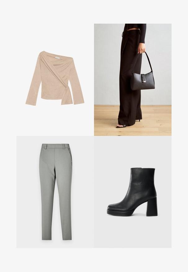 Beige lange mouw top met een wikkeldesign en strik in de taille. Gemaakt van ribstof, met een diepe halslijn en gestructureerde schouders.; Lichtgrijze broek met een slim fit, gemaakt van een gladde stof. Heeft een tailleband met lussen voor een riem en zijzakken, met een taps toelopend ontwerp van de benen.; Zwarte leren enkelboot met een blokhak en platformzool, zijaanzicht op een effen witte achtergrond.; Zwarte handtas met gestructureerde vorm, gladde textuur en een metalen sluiting. Gecombineerd met brede zwarte broeken en sandalen met open teen op een houten vloer.