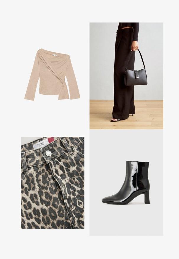 Top beige a maniche lunghe con design a portafoglio e nodo in vita. Realizzato in tessuto a costine, presenta un profondo scollatura e spalle strutturate.; Jeans a vita media con stampa leopardata realizzati in denim, caratterizzati da una combinazione di colori beige e nero; dotati di un bottone metallico e chiusura frontale.; Stivaletto in pelle verniciata nera con punta a punta e tacco a blocco di altezza media. Texture liscia e design minimalista.; Borsa nera con forma strutturata, texture liscia e una chiusura metallica. Abbinata a pantaloni neri larghi e sandali open-toe su un pavimento in legno.
