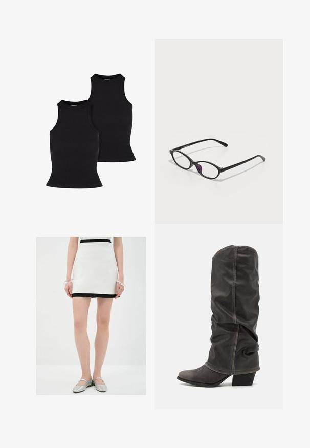 Canottiera nera a costine, dal design aderente con collo alto e senza maniche. La trama appare elastica e liscia, presentando una silhouette semplice.; Mini gonna bianca con orlo nero, realizzata in materiale morbido. La modella indossa ballerine argentate e un bracciale trasparente a un polso.; Stivali in pelle grigia al polpaccio con un design morbido, punta affilata e tacco impilato. Dettagli di cucitura evidenti nell'area della punta.; Occhiali da vista in plastica nera dalla forma ovale, con lenti trasparenti e un accento viola sulla lente sinistra. Design elegante e minimal.; Borsa a stampa rettile con manico curvo. Realizzata in materiali testurizzati beige e marroni, presenta un distintivo motivo a rombi.