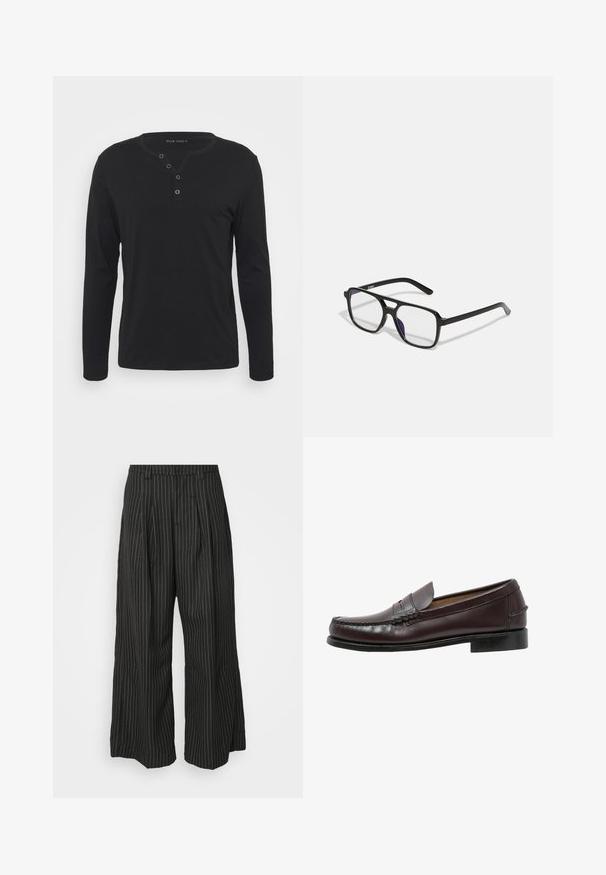Zwart lange mouwen henley shirt van zachte stof, met een knoopsluiting, ronde halslijn en aansluitende mouwen.; Zwarte gestreepte wijde broek met plooien, met een op maat gemaakt ontwerp en een zachte textuur. Geen zichtbare hardware of accenten.; Sebago CLASSIC DAN - Zakelijke loafers - cordo; Zwarte rechthoekige brillen met heldere lenzen en een subtiele paarse tint, met slanke armen en een minimalistisch ontwerp.