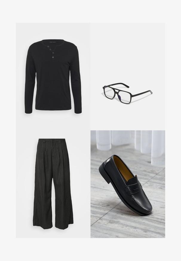 Černá dlouhá halenka s rukávy typu henley vyrobená z měkké tkaniny, s knoflíkovou légou, kulatým výstřihem a obtáhlými rukávy.; Černé široké kalhoty s pruhy a sklady, s propracovaným střihem a jemnou texturou. Žádné viditelné kovové díly ani akcenty.; Černé kožené mokasíny s hladkým povrchem, zdobené dekorativním prošíváním a vystouplým akcentem na špičce, umístěné na mramorovém povrchu.; Černé obdélníkové brýle s průhlednými čočkami a jemným fialovým nádechem, s elegantními stranami a minimalistickým designem.