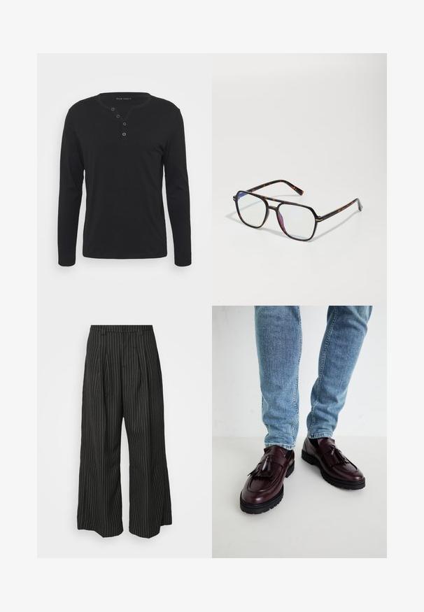 T-shirt henley noir à manches longues en tissu doux, avec une patte de boutonnage, un col rond et des manches ajustées.; Pantalons larges noir à rayures avec plis, présentant un design ajusté et une texture douce. Pas de matériel ou d'accents visibles.; Mocassins en cuir bourgogne avec pompons et dessus texturé, associés à un jean en denim bleu clair. Semelle en caoutchouc noir visible.; Lunettes de soleil à motif écaille de tortue de forme quadrilatérale, avec des verres transparents et des accents métalliques fins sur la monture.