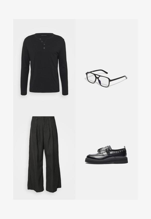 Svart langermet henley-skjorte laget av myk stoff, med knappestolpe, rund hals og tettsittende ermer.; Svarte stripete vide bukser med folder, med en skreddersydd design og en myk tekstur. Ingen synlige detaljer eller aksenter.; Sorte lærersko med rund tå, dekorative snorhull, og en stropp med spenne, med en tykk svart såle.; Sorte rektangulære briller med klare linser og en subtil lilla tone, med slanke stenger og et minimalistisk design.
