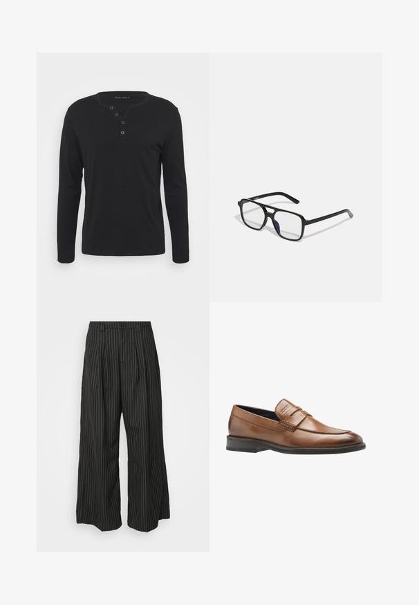 Fekete, hosszú ujjú henley póló, puha anyagból készült, gombos kivágással, kerek nyakkivágással és szűkített ujjakkal.; Fekete csíkos, bő szabású nadrág, pleat-kkel, szabott dizájnnal és puha textúrával. Nincs látható fémrész vagy díszítés.; Barna bőr mokaszín sima felülettel, varrott díszítéssel és kiemelkedő logóval az elején. Enyhén kerekített orr és fekete talp.; Fekete, téglalap alakú szemüveg, átlátszó lencsékkel és diszkrét lila árnyalattal, karcsú szárakkal és minimalista dizájnnal.
