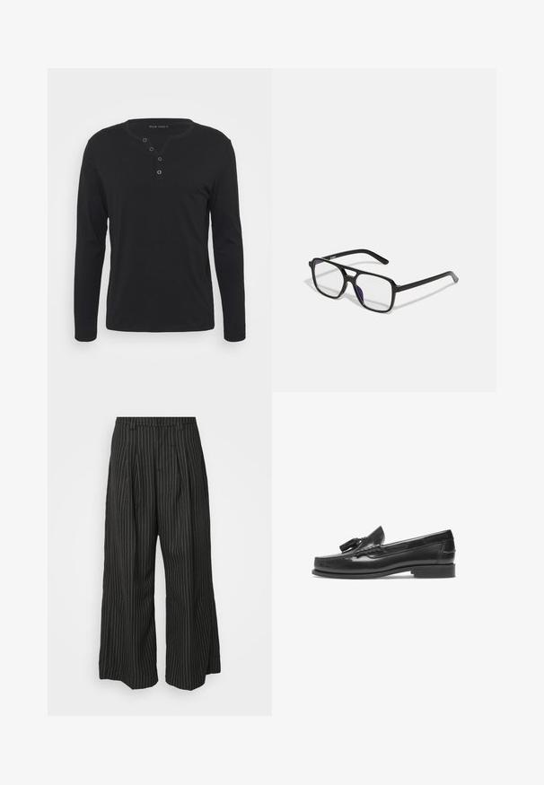 T-shirt henley noir à manches longues en tissu doux, avec une patte de boutonnage, un col rond et des manches ajustées.; Pantalons larges noir à rayures avec plis, présentant un design ajusté et une texture douce. Pas de matériel ou d'accents visibles.; Mocassins en cuir noir avec un bout arrondi, un gland décoratif et des détails de couture. Semelle plate et finition brillante. Vue de côté.; Lunettes rectangulaires noires avec des verres transparents et une subtile teinte violette, dotées de branches élégantes et d'un design minimaliste.