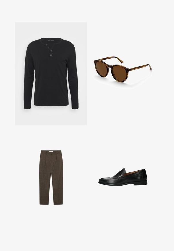 Zwart lange mouwen henley shirt van zachte stof, met een knoopsluiting, ronde halslijn en aansluitende mouwen.; Bruine geruite broek met plooien, gemaakt van een gestructureerd materiaal. Bevat een aansluitende tailleband en taps toelopende benen voor een professionele uitstraling.; Zwarte leren instappers met een gladde afwerking, rond neuspunt en subtiele accentstiksels, met een laag profiel rubberen zool.; Daniel Wellington ARCH - Zonnebril - brown demi