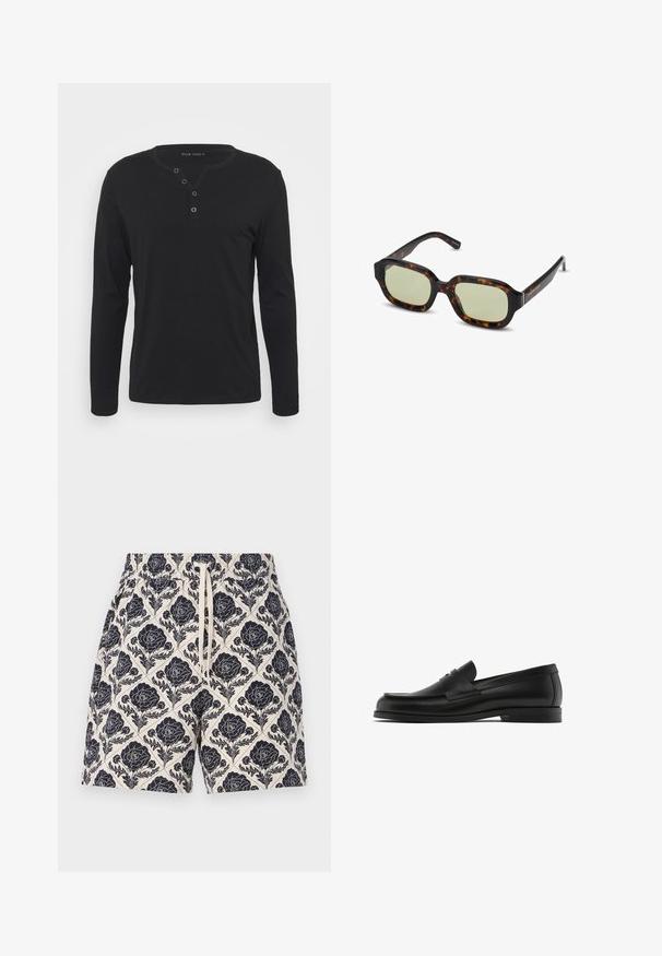 Maglietta nera a maniche lunghe tipo henley, realizzata in tessuto morbido, con patta bottonata, scollatura rotonda e maniche aderenti.; Pantaloni corti stampati in crema con un design floreale navy, dotati di una vita elasticizzata e cordoncino, realizzati in tessuto leggero.; Mocassini in pelle nera con punta arrotondata, dettagli di cucitura e una fascia decorativa in pelle sulla tomaia; suola piatta in gomma.; Occhiali da sole tartarugati con lenti verdi, forma rettangolare, montatura ampia e finitura liscia. Dettagli sulle tempie.