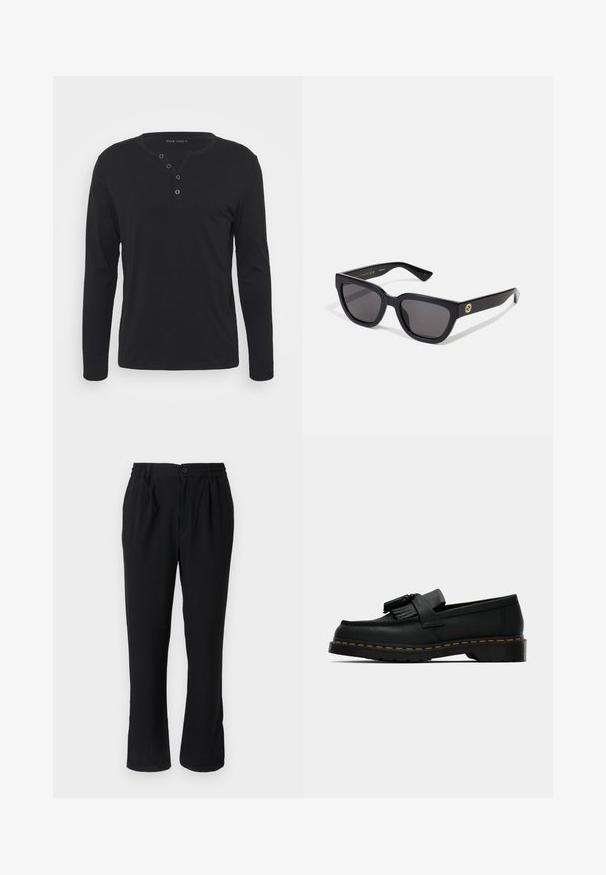 Black long-sleeve henley shirt made of soft fabric, featuring a buttoned placket, round neckline, and fitted sleeves.; Black, lightweight trousers with an elastic waistband and button closure, featuring a straight leg cut and minimalistic design.; Black leather loafer with tassels, yellow stitching along the sole, and a thick, ridged rubber outsole.; Black rectangular sunglasses with a glossy finish, dark lenses, and gold hardware accent on the temple featuring the logo.