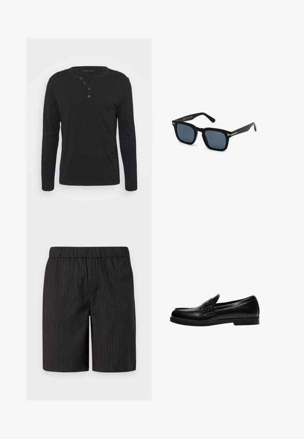 T-shirt henley noir à manches longues en tissu doux, avec une patte de boutonnage, un col rond et des manches ajustées.; Shorts noirs avec de discrètes rayures verticales blanches, taille élastique et deux poches latérales, fabriqués en tissu léger et texturé.; Mocassin en cuir noir avec une finition lisse, featuring un détail de couture sur le devant et une semelle en caoutchouc noir solide et basse.; Lunettes de soleil carrées noires avec des verres sombres, finition mate et accents en métal doré sur les tempes, présentant un design minimaliste.
