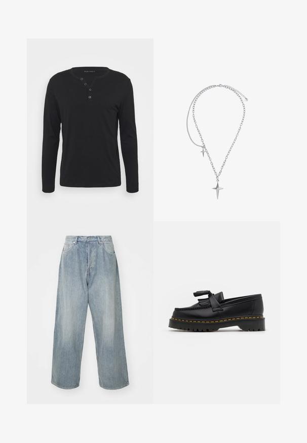 Musta pitkähihaisen henley-paita, joka on valmistettu pehmeästä kankaasta. Paita sisältää napitettavan aukon, pyöreän pääntien ja istuvat hihat.; Vaaleansiniset farkut, joissa on rento istuvuus, korkea vyötärö, viisi taskua ja kontrastivärinen ommel. Ominaisuuksina suora lahje ja siistit helmat.; Musta nahkakengät, joissa on tupsuakkentti, paksu musta pohja ja keltainen ommel reunassa. Rakeinen pinta.; Heideman LUCA - Kaulakoru - silberfarben poliert