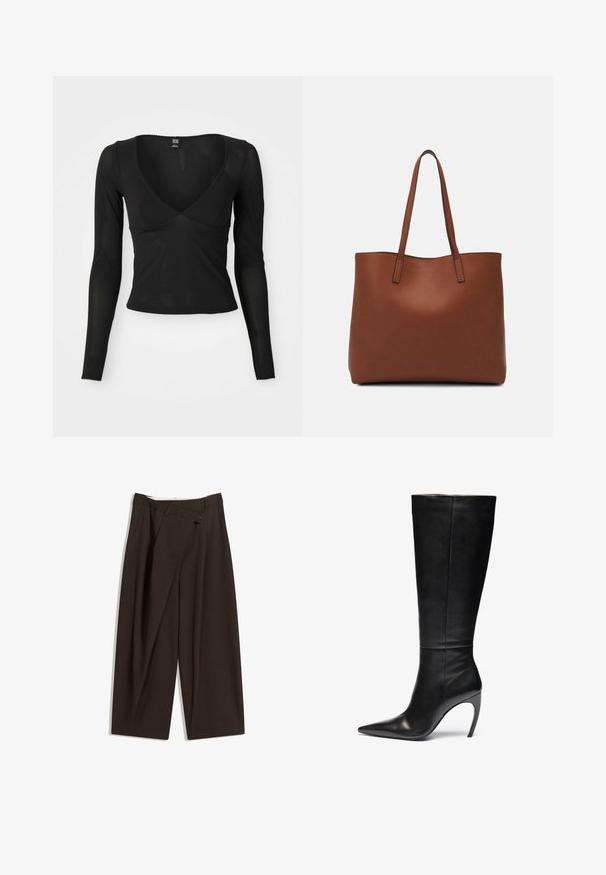 Top lung negru cu mâneci lungi, având un decolteu adânc în V, material moale și elastic, și margini ondulate la mâneci și la tiv.; Pantaloni largi de culoare maron închis, cu talie înaltă, având închiere cu un singur nasture și un față pliată. Confectionați dintr-un material ușor.; Botina din piele neagră, până la genunchi, cu vârf ascuțit și toc înalt stiletto; textură elegantă și netedă, cu cusături subtile și fără accesorii vizibile.; Geantă de umăr din piele maro cu o textură netedă, design cu vârf deschis și două curele pentru umăr. Prezintă cusături minime și fără componente metalice vizibile.