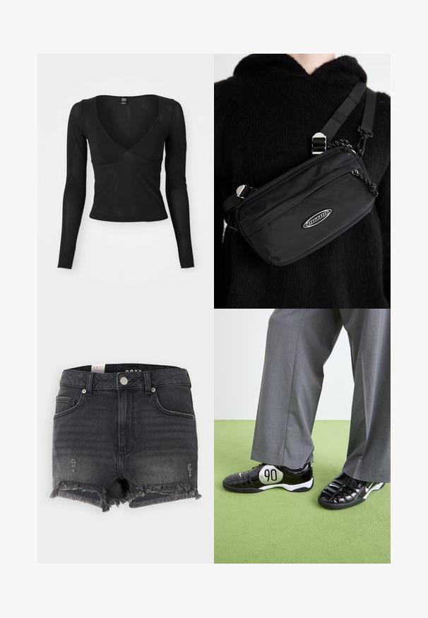 Top nero a maniche lunghe con scollo a V profondo, tessuto morbido e elasticizzato, e bordi ondulati alle maniche e all'orlo.; Shorts in denim nero con orlo sfrangiato, dettagli distressed e chiusura con bottone metallico. Presentano un design classico e uno stile a cinque tasche.; Sneakers in pelle verniciata nera con un dettaglio argentato "90", caratterizzati da una superficie testurizzata e un design con lacci, abbinati a pantaloni larghi grigi.; Borsa a tracolla nera in nylon con tracolla regolabile, caratterizzata da una texture liscia, una tasca con zip frontale e un accento con logo.