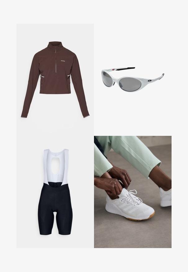 Ciemnobrązowa sportowa bluzka z długim rękawem, na zamek ćwierć, z wysokim kołnierzem, małym białym logo na piersi oraz subtelnymi detalami po bokach.; Rapha S CORE czarny; Białe buty sportowe z siateczkową cholewką, gumową podeszwą i wzorem w trzy paski. Sznurowadła są regulowane; widoczne jasnoszare i miętowe ubrania.; Białe plastikowe okulary przeciwsłoneczne z dużymi owalnymi soczewkami o szarym zabarwieniu. Posiadają czarne wkładki na uszy oraz małe logo na ramce. Gładkie wykończenie.; Czarna siateczkowa kamizelka do biegania z bocznymi kieszeniami na butelki z wodą, regulowanymi sznurkami i lekką konstrukcją. Posiada oddychający materiał.