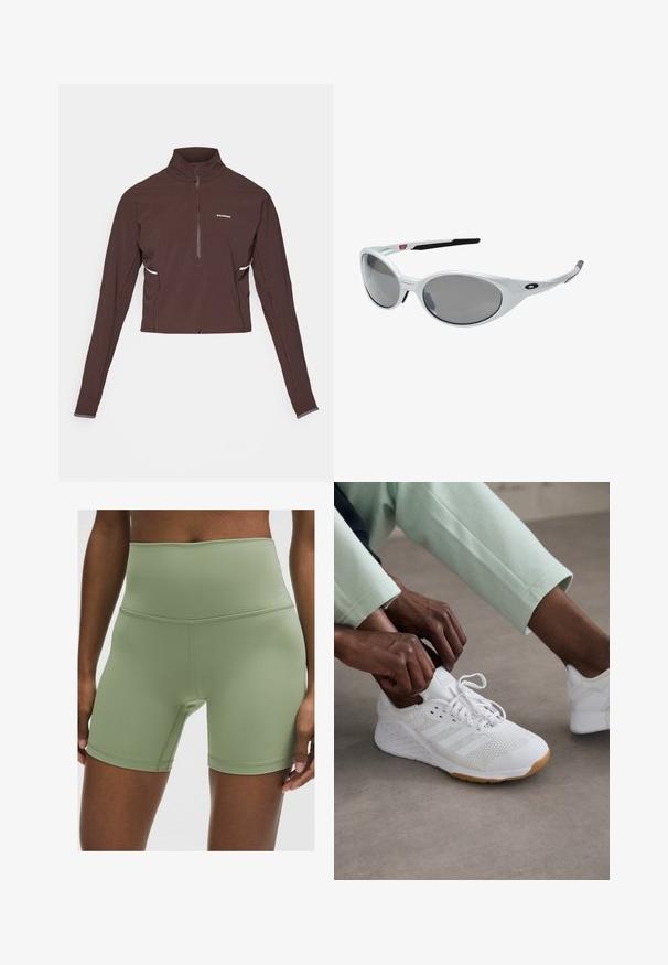 Tamsiai rudas ilgomis rankovėmis, ketvirčio užtrauktuko sportinis marškinėlis su aukšta apykakle, mažas baltas logotipas ant krūtinės ir subtilūs šoniniai akcentai.; Aukštu liemeniu, alyvuogių žalios spalvos šortai, pagaminti iš lygaus, elastingo audinio. Su plokščiais siūlės ir prigludusia forma, užtikrinančia komfortą bei judėjimo laisvę.; Balti sportiniai bateliai su ačinių viršumi, guminėmis padais ir trimis juostelėmis. Šnervės yra koreguojamos; matomi šviesiai pilki ir mėtų žalios spalvos drabužiai.; Baltos plastikinės saulės akiniai su dideliais ovaliais objektyvais, pilkai nudažyti. Turime juodas ausis laikančias dalis ir mažą logotipą ant rėmelio. Lygus paviršius.; Juodas tinklinis bėgimo liemenė su šoninėmis kišenėmis vandens buteliams, reguliuojamomis virvutėmis ir lengvu dizainu. Turima kvėpuojanti medžiaga.