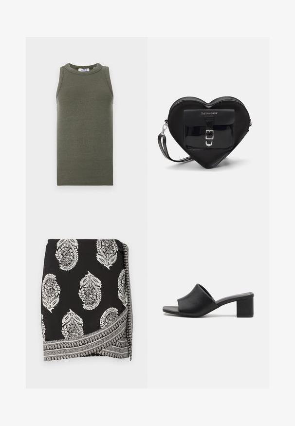 Top senza maniche di colore verde oliva, realizzato in tessuto a coste. Presenta un collo rotondo e orlo dritto. Etichetta del marchio visibile all'interno.; Gonna nera avvolgente con motivi paisley bianchi e un design di bordo dettagliato. Realizzata in tessuto leggero con una texture liscia.; Mule nere in pelle con tacco a blocco e apertura sulla punta, con una superficie liscia e una tomaia leggermente curva per comfort e stile.; Borsa a forma di cuore nera in pelle verniciata, con una tasca frontale dotata di chiusura a fibbia e tracolla rimovibile. Dettagli in hardware argentato.