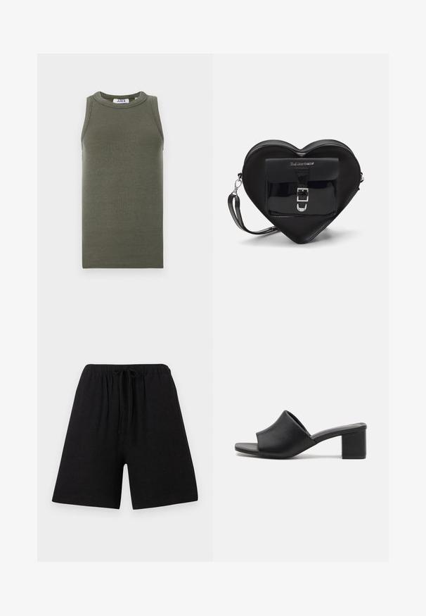 Olijfgroene, mouwloze tanktop gemaakt van ribbelstof. Heeft een ronde halslijn en rechte zoom. Merklabel zichtbaar aan de binnenkant.; Zwarte linnen shorts met een elastische tailleband en trekkoord. Rechtaf, knie-lengte, textiel met een textuur, geen zichtbare patronen of accenten.; Zwarte leren mules met blokhak en een open teen, voorzien van een gladde afwerking en een licht gebogen bovenkant voor comfort en stijl.; Zwarte hartvormige tas van patenta leder met een voorvak met een gesp-sluiting en een afneembare schouderriem. Accenten van zilver hardware.