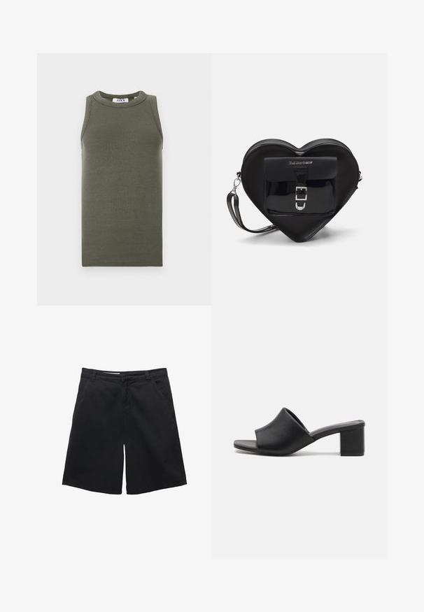 Oliwkowy, bezrękawnik z materiału prążkowanego. Posiada okrągły dekolt i prosty dół. Wewnątrz widoczna metka marki.; Czarne szorty wykonane z bawełny, o prostym kroju, z dwoma przednimi kieszeniami i gładką teksturą. Brak widocznych wzorów lub akcentów.; Czarne skórzane mule na blokowym obcasie z otwartym noskiem, z gładką powierzchnią i lekko wygiętym w górę przodem dla wygody i stylu.; Czarna torba w kształcie serca wykonana z lakowanej skóry, z przednią kieszenią z zapięciem na klamrę i odczepianym paskiem. Srebrne akcenty metalowe.