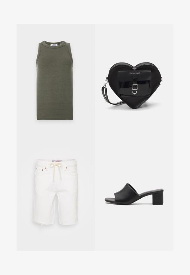 Top sin mangas de color verde oliva, hecho de tela acanalada. Presenta un escote redondo y dobladillo recto. Etiqueta de marca visible en el interior.; Shorts de mezclilla blanca con dobladillo deshilachado, que cuentan con cintura ajustable, cinco bolsillos y acentos de hardware en tono cobre.; Mulas de tacón cuadrado de cuero negro con punta abierta, que presentan una superficie lisa y una parte superior ligeramente curvada para mayor comodidad y estilo.; Bolso negro con forma de corazón, hecho de cuero ecológico, con un bolsillo frontal que presenta un cierre de hebilla y una correa desmontable. Detalles en metal plateado.