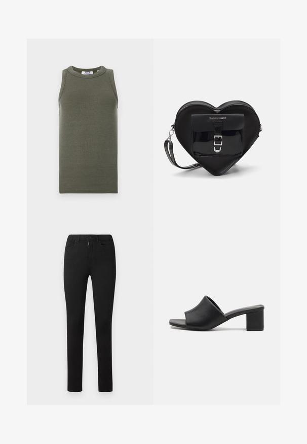 Olíva zöld, ujjatlan trikó, bordázott anyagból készült. Kerek nyakkivágással és egyenes szegéllyel rendelkezik. A márkajelzés belül látható.; Fekete, testhez álló farmernadrág sima felülettel, standard ötpocketos kialakítással, elülső zipzárral és gombos zárással. Nincsenek látható minták vagy kiegészítők.; Fekete bőr, tömbsarkú mules nyitott orral, sima felülettel és enyhén ívelt felső résszel a kényelem és a stílus érdekében.; Fekete szív alakú táska lakkbőrből, elülső zsebbel, csattal záródik és levehető pánttal rendelkezik. Ezüst színű kiegészítők.
