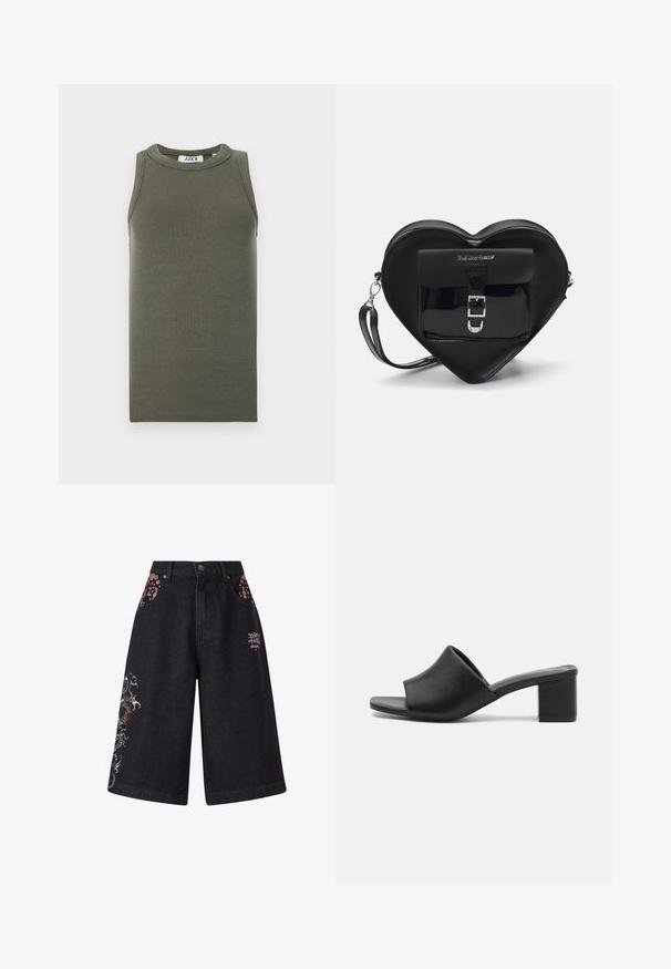 Olive green, sleeveless tank top made from ribbed fabric. Features a round neckline and straight hem. Brand label visible inside.; Black denim culotte shorts with floral embroidered pockets and a dragon design. Features a button fly and a printed logo on the back.; Black leather block-heeled mules with an open toe, featuring a smooth surface and slightly curved upper for comfort and style.; Black heart-shaped bag made of patent leather with a front pocket featuring a buckle closure and a detachable strap. Silver hardware accents.