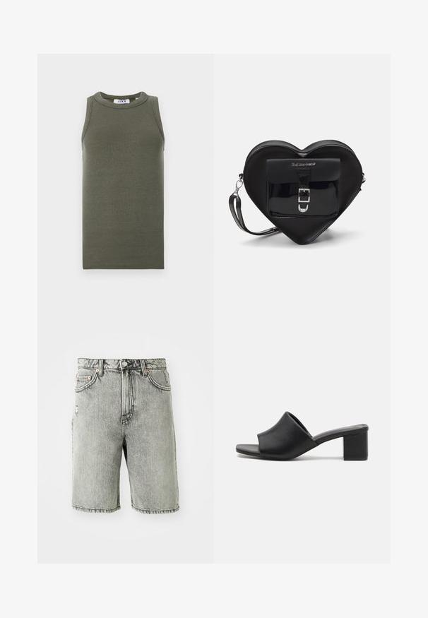 Maslinasto zelena bezrukavna majica od rebraste tkanine. Ima okrugli izrez i ravni rub. Marka je vidljiva unutra.; Sivi traper šorts s klasičnim dizajnom od pet džepova, izblijedjelim izgledom i šivenim detaljima na rubu i struku.; Crne kožne mule s blok-petom i otvorenim prstima, sa glatkom površinom i blago zakrivljenim gornjim dijelom za udobnost i stil.; Crna torba u obliku srca od patentirane kože s prednjim džepom koji ima zatvaranje na kopču i odvojivi remen. Srebrni detalji.