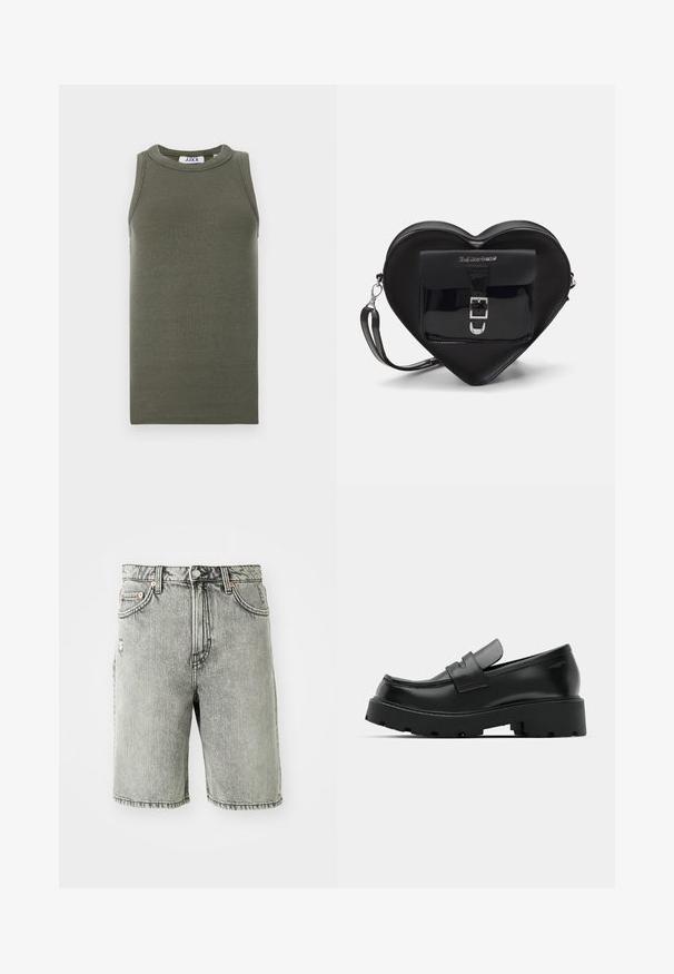 Olivově zelený bezrukávový top vyrobený z žebrované tkaniny. Má kulatý výstřih a rovný lem. Na vnitřní straně je viditelná značka výrobce.; Šedé džínové kraťasy s klasickým designem pěti kapes, s vybledlým povrchem a šitými detaily na lemu a pase.; Černé kožené polobotky s robustní texturovanou podešví, se strapcem přes nárt a hladkým, lesklým povrchem.; Černá taška ve tvaru srdce vyrobená z lakované kůže, s přední kapsou a uzávěrem na přezku, a s odnímatelným popruhem. Stříbrné kovové detaily.