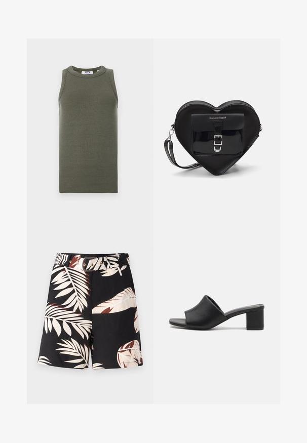 Olivová zelená bezrukávová tričko z rebrovanej látky. Má okrúhly výstrih a rovný lem. Vnútorný štítok značky je viditeľný.; Čierne šortky s tropickým vzorom listov v béžovej a hrdzavej farbe. Obsahujú zodpovedajúci opasok so zlatými kovovými prvkami a klasický strih.; Čierne kožené podpätkové muly s otvorenou špičkou, ktoré majú hladký povrch a jemne zakrivenú vrchnú časť pre pohodlie a štýl.; Čierna taška v tvare srdca vyrobená z lakovanej kože má predné vrecko so zapínaním na pracku a odnímateľný popruh. Strieborné kovanie.