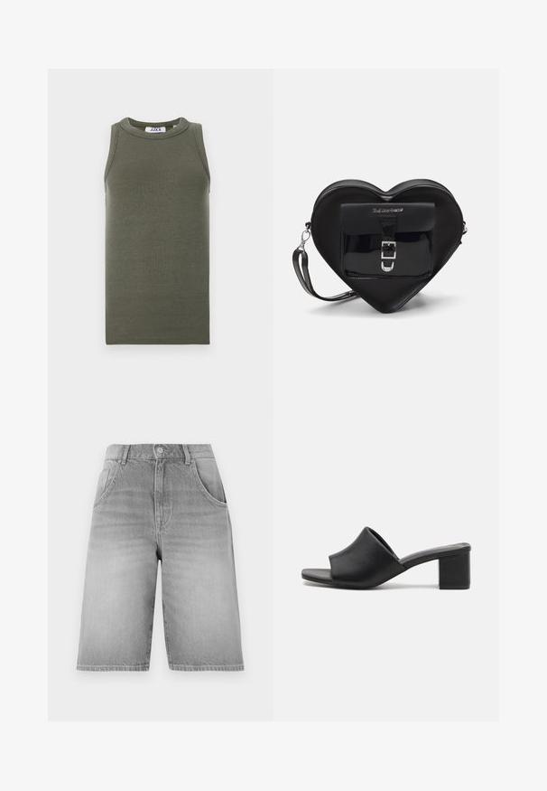Maslinasto zelena bezrukavna majica od rebraste tkanine. Ima okrugli izrez i ravni rub. Marka je vidljiva unutra.; Sivi traper šortsevi ravnog kroja, s kopčanjem na dugme i patentni zatvarač, dva prednja džepa i izblijedjelo teksturo.; Crne kožne mule s blok-petom i otvorenim prstima, sa glatkom površinom i blago zakrivljenim gornjim dijelom za udobnost i stil.; Crna torba u obliku srca od patentirane kože s prednjim džepom koji ima zatvaranje na kopču i odvojivi remen. Srebrni detalji.