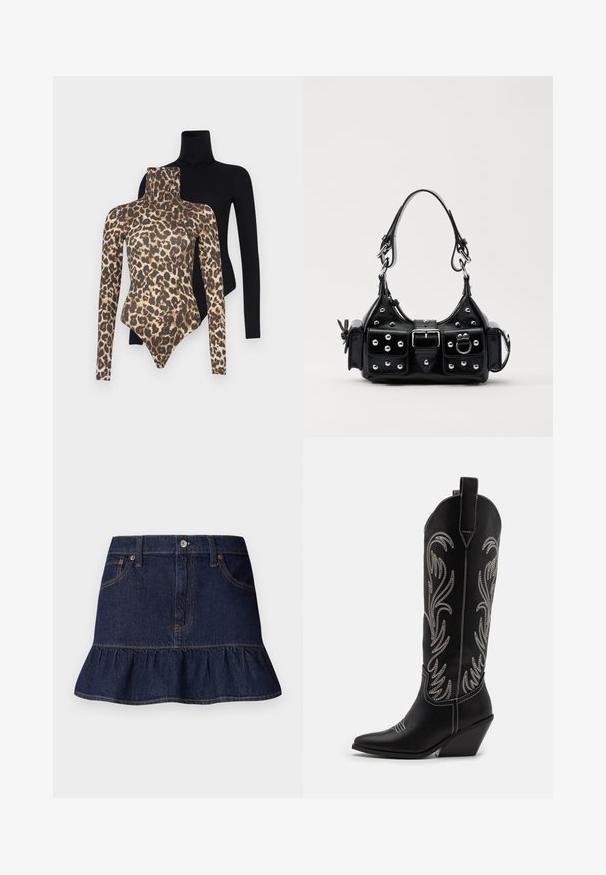 Kaks pikkade varrukatega bodi: üks mustast pehmest kangast, teine beezist ja pruunist leopardimustriga. Mõlemal on kõrge kaelus.; Tume teksaskleed, millel on volangiga äär, viie tasku disain, vöökoha silmadega ja eesne nupu sulgemine. Sile tekstuur ja sirge lõige.; Mustad mustad nahast cowboy saapad terava ninaga, vööndkanna ja hõbedaste tikanditega lillemustritega varred. Kontrastõmblused üle kogu.; Must värvi nahast käekott, millel on kaarjas disain, hõbedased nupukesed, kinnitusahe ja kaks külgtaskut. Reguleeritav rihm erinevate kandmisvõimaluste jaoks.