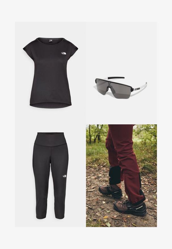 The North Face TANKEN TANK - Sportfelső - black; Fekete capri leggings, rugalmas anyagból készült, magas derékkal és egy kis fehér logóval a bal oldalon. Sima tapintású.; Barna túrabakancs fekete kiegészítőkkel és strapabíró talppal, bordó vízálló nadrággal párosítva, fekete oldalsó panelek és cipzárok díszítik.; Fekete és szürke napszemüveg nagy, szögletes kialakítással. Matt felület és fehér díszítések találhatók a szárakon. Sötét árnyékolású lencsék.