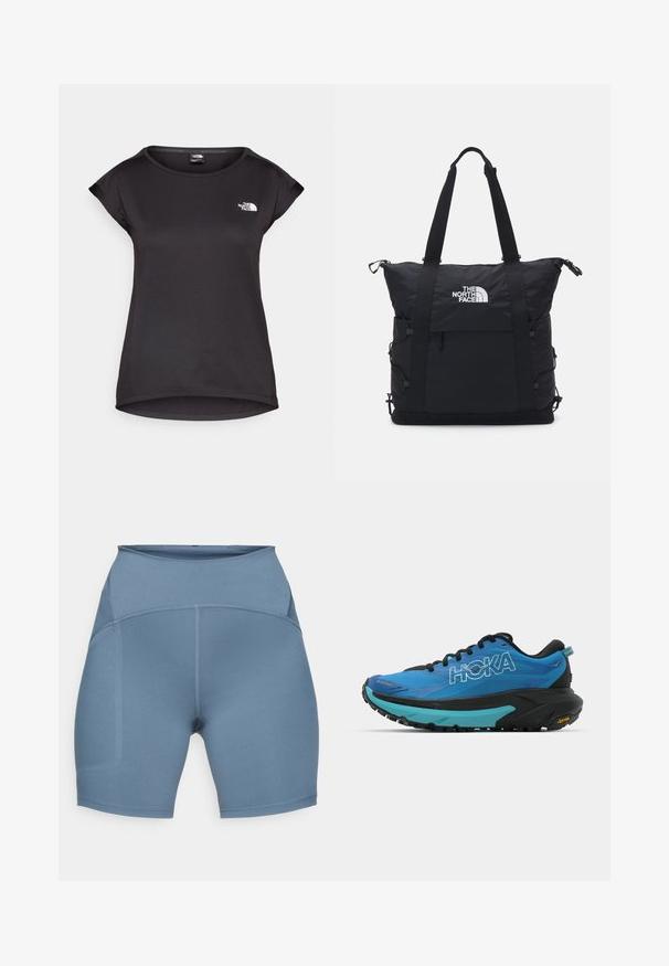 The North Face TANKEN TANK - Sportiniai marškinėliai trumpomis rankovėmis - black; Aukštai juosmens, prigludę šortai, pagaminti iš lygaus, tampraus audinio švelnios mėlynos spalvos. Yra plokščios siūlės ir patogus juosmuo.; Mėlyni bėgimo bateliai su juodais akcentais, turintys tekstūruotą paviršių, paminkštintą apykaklę ir storą juodą bei turkio spalvos vidurinę padą su Vibram išoriniu protektoriumi.; Juodas tote krepšys su paminkštintu dizainu, viršutiniu užtrauktuku, dviem trumpais diržais ir logotipu priekyje; turi šonines kišenes ir reguliuojamus diržus.
