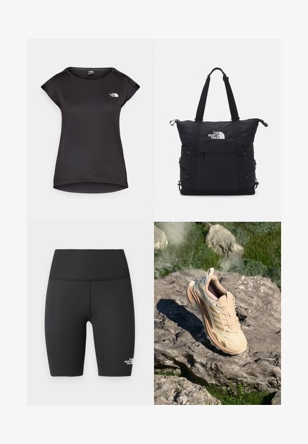 The North Face TANKEN TANK - Sports T-shirt - black; Black high-waisted athletic biker shorts with flat seams and The North Face logo on the lower left leg.; Beige athletic shoe with a textured surface, rubber sole, and mesh accents. Features subtle branding and a padded collar for comfort.; Black tote bag with a padded design, top zipper closure, dual short straps, and logo on the front; features side pockets and adjustable straps.