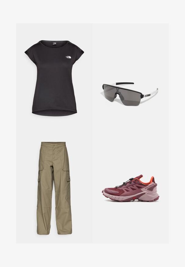 The North Face TANKEN TANK - Tekninen t-paita - black; Vihreät cargo-housut, joissa on väljä malli, useita sivutaskuja ja nappikiinnitys vyötäröllä. Silkkinen pinta.; Polkujuoksukengät burgundin ja pinkin värissä. Varusteena verkkokangas päällinen, kevyt pohja ja dynaaminen pito näkyvillä urilla. Mukana joustava nauhoitusjärjestelmä.; Mustat ja harmaat aurinkolasit, joissa on suuri, kulmikas muotoilu. Ominaisuuksina matta pintakäsittely ja valkoiset yksityiskohdat varsissa. Tummat tummennetut linssit.