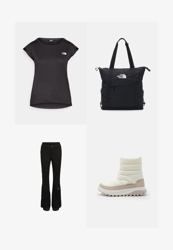 The North Face TANKEN TANK - Sports T-shirt - black; Black snowpants with a sleek design, made from durable fabric. Features zip pockets and elastic cuffs at the legs with brand logo detail.; Padded, cream ankle boot with a beige rubber sole. Smooth material with horizontal quilted detail and curved design. Brand logo on heel.; Black tote bag with a padded design, top zipper closure, dual short straps, and logo on the front; features side pockets and adjustable straps.