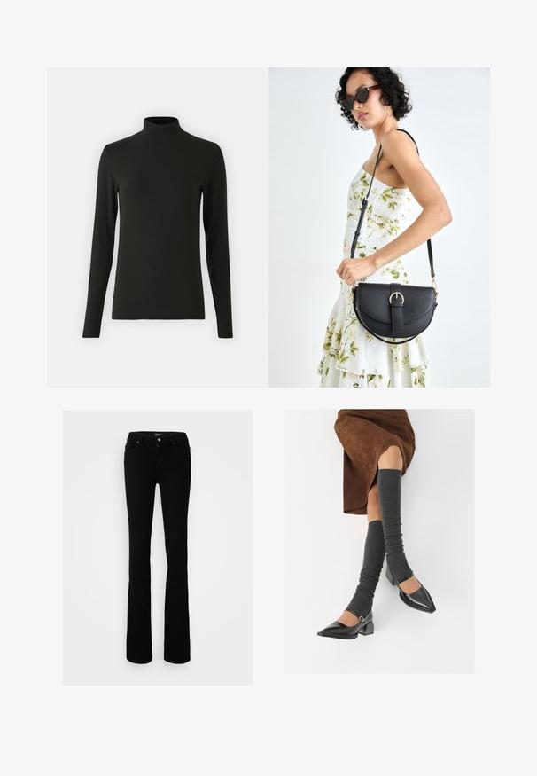 Black long-sleeve turtleneck made from smooth, stretchy fabric; features a high neckline and fitted silhouette. No patterns or accents.; Black stretch denim flared jeans featuring a button closure, four pockets, and a smooth texture, designed for a fitted silhouette.; Black patent leather pointed-toe shoes with a block heel and ankle strap, paired with gray ribbed leg warmers and a brown suede skirt.; Black leather handbag with a curved shape, detachable strap, and gold hardware. The bag features a flap with a buckle detail.
